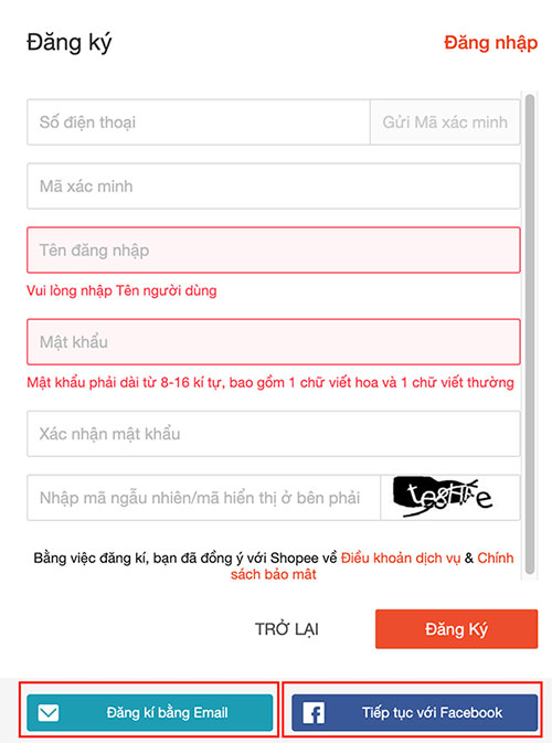 Đăng ký Shopee qua gmail hoặc facebook